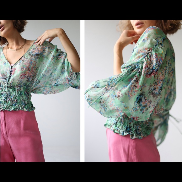 Vintage floral green semi sheer silk wide sleeve blouse top - Picture 4 of 7